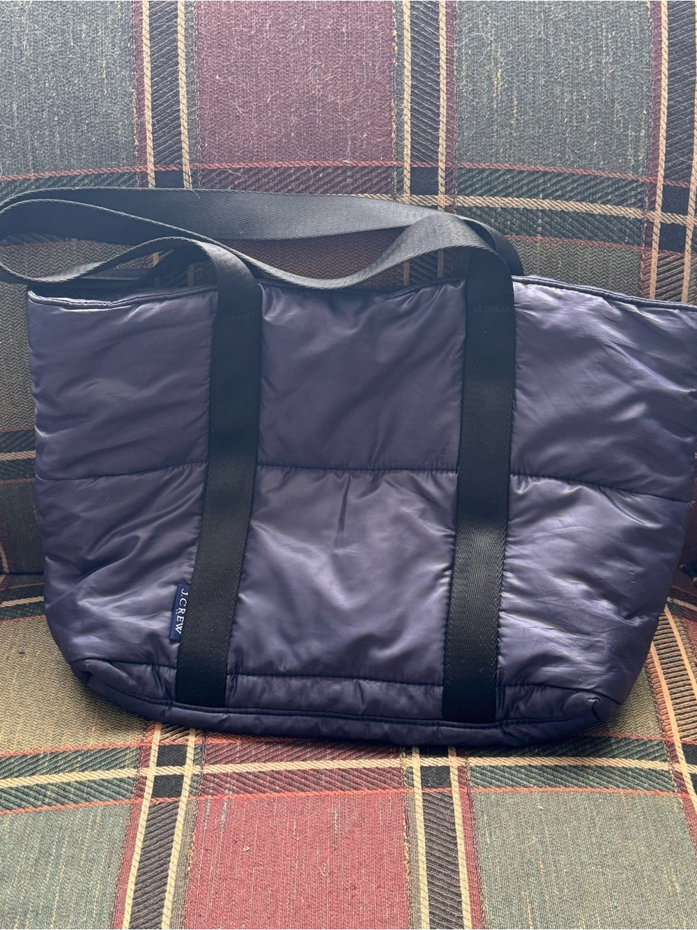 J. Crew Quilted Navy Tote with Black Webbing Straps